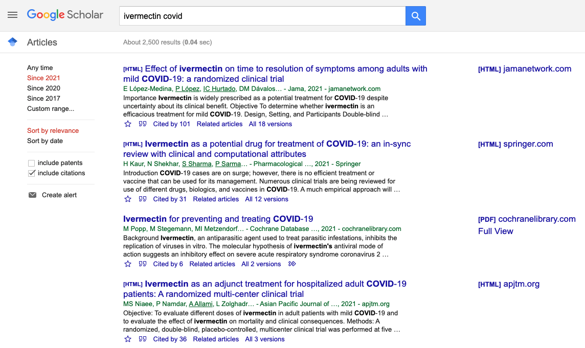 Screenshot of my Ivermectin search